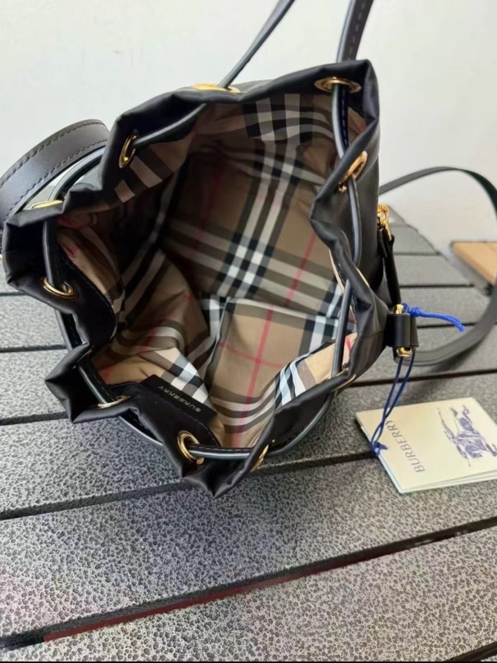 Sale ends 5/1 Burberry Black Mini Drawstring Bucket Bag with Gold Hardware New - Picture 4 of 8